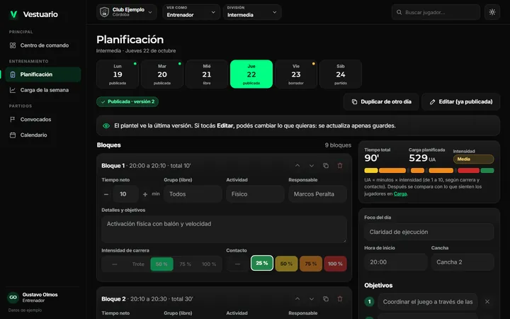 Planificación de la semana con bloques, tiempos, intensidad y responsable de cada bloque. Abre la captura completa