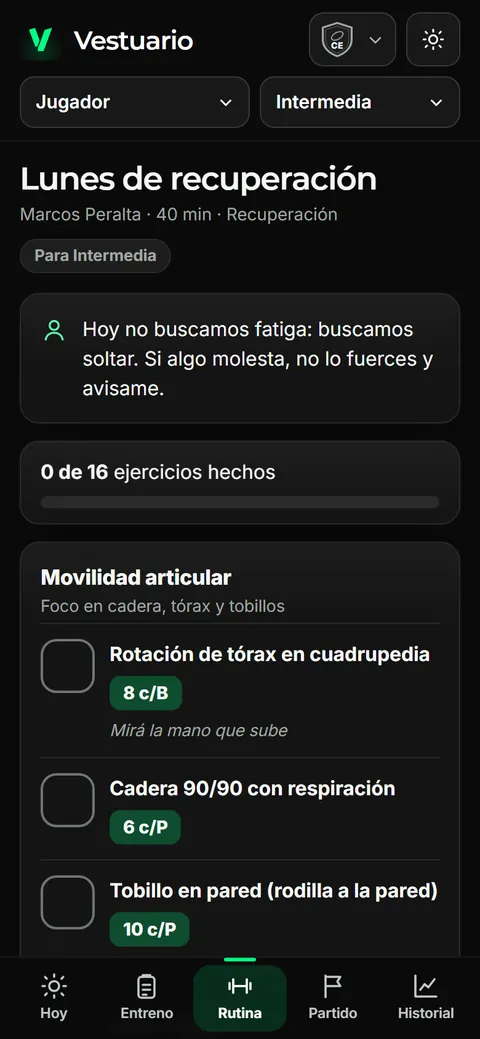 Rutina de recuperación en el celular del jugador, con los ejercicios para marcar