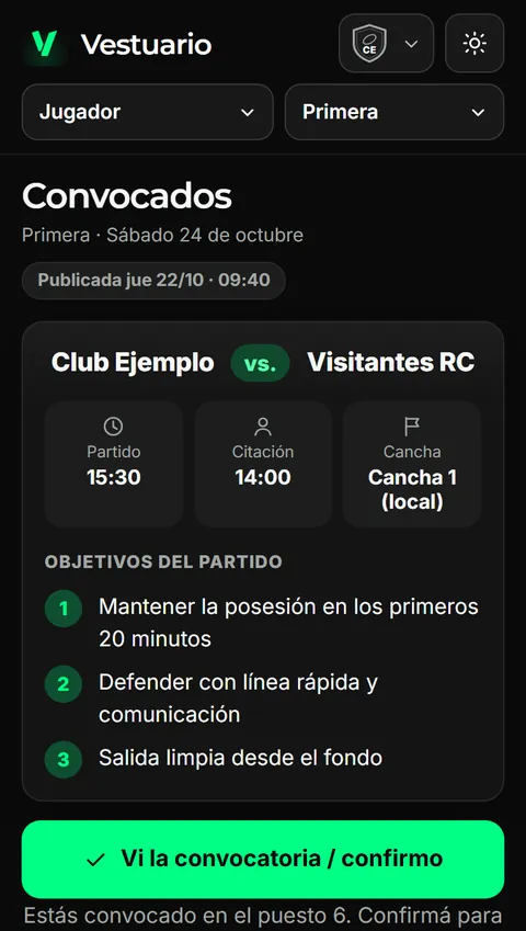 Convocatoria en el celular del jugador, con el botón para confirmar