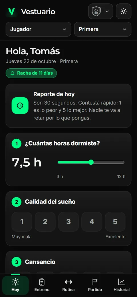 Reporte diario del jugador en el celular: horas de sueño y calidad del sueño, del 1 al 5